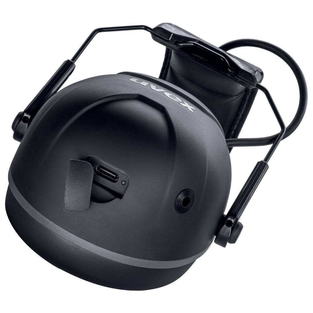 Black, closed headphones with a black headband and 'uvex' printed on the ear cup.