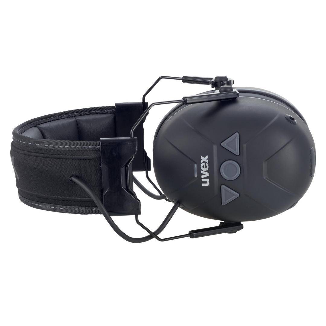 A black ear defender with an adjustable headband and control buttons on the side. The brand name 'Uvex' is visible.