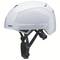 White safety helmet with adjustable chin strap and ventilation openings, suitable for various outdoor activities.