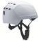 A white climbing helmet with ventilation openings at the top and an adjustable chin strap.