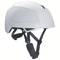 A white bicycle helmet with adjustable straps and a simple, modern design that ensures safety while cycling.