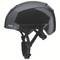 A black safety helmet with adjustable straps, brand 'uvex', for safety or sports purposes.
