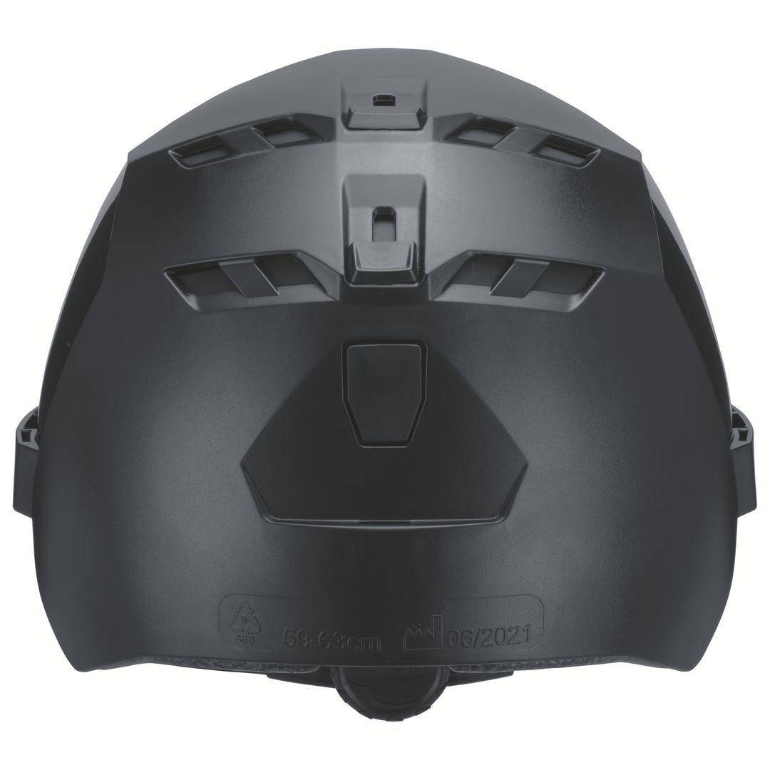 Black plastic protective helmet, front view, with ventilation slots and logo at the bottom.