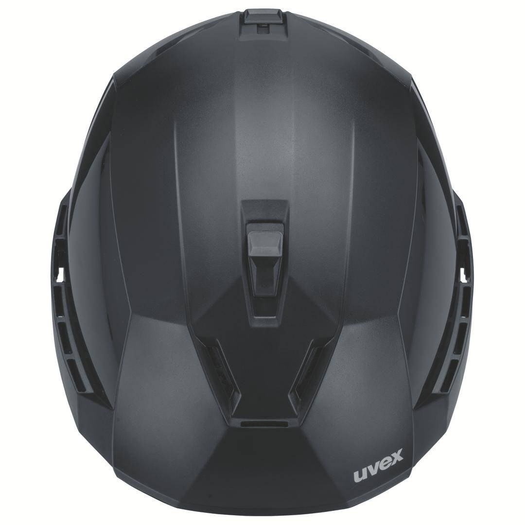 Black helmet viewed from above with Uvex logo visible, symmetrical design, ventilated; suitable for safety when cycling or skiing.