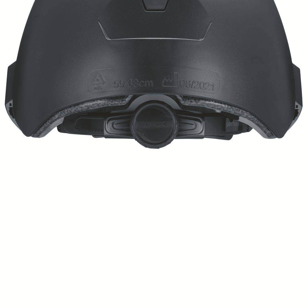 A black bicycle helmet viewed from below, showing the adjustment mechanism and size label '59-63 cm'.