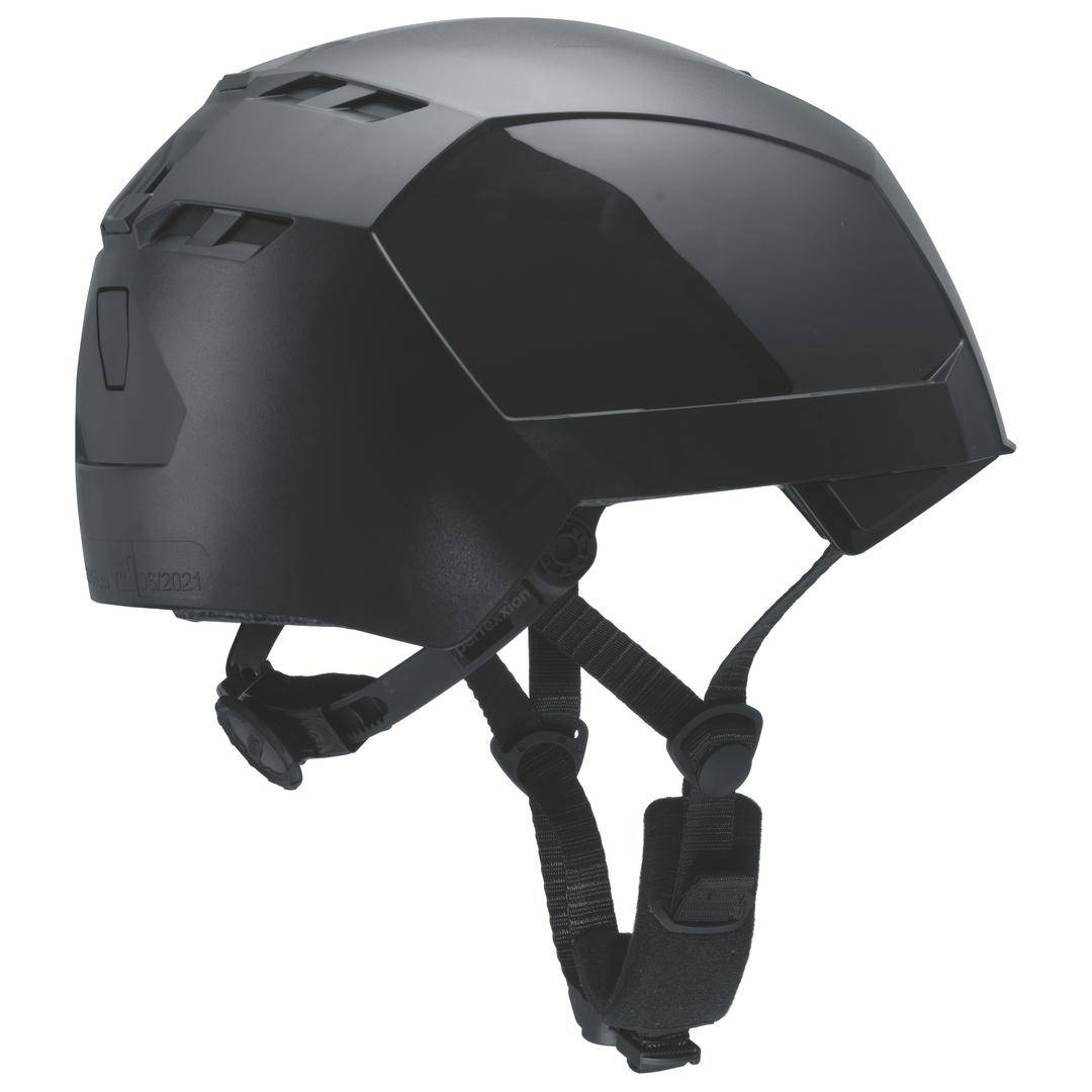 Black bicycle helmet with a smooth surface and adjustable chin strap, side ventilation slots for improved airflow.