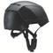 Black bicycle helmet with a smooth surface and adjustable chin strap, side ventilation slots for improved airflow.