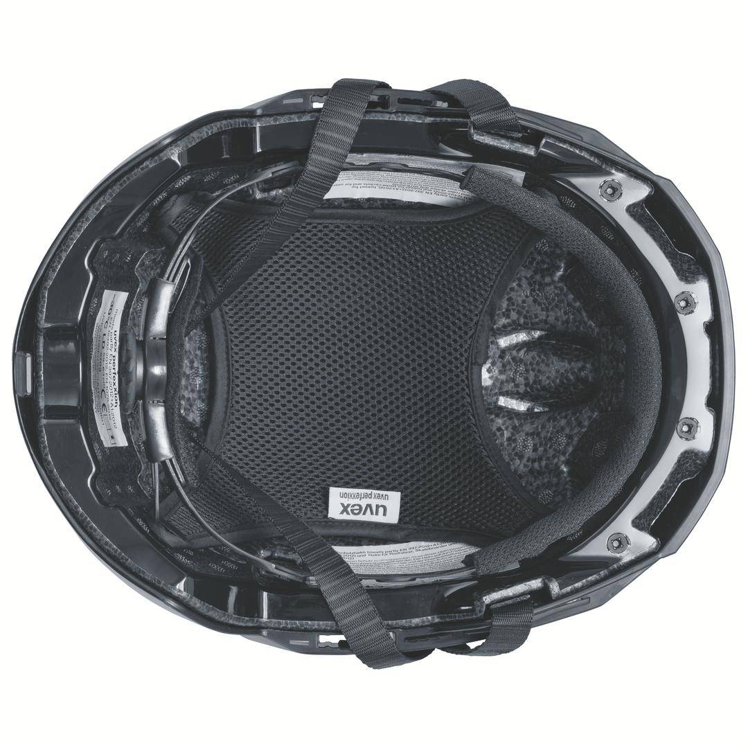 Black protective helmet viewed from above, with padding and strap; 'Uvex' brand name visible on the inside.