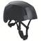 Black, modern bicycle helmet with adjustable chin strap, ideal for protection when cycling.