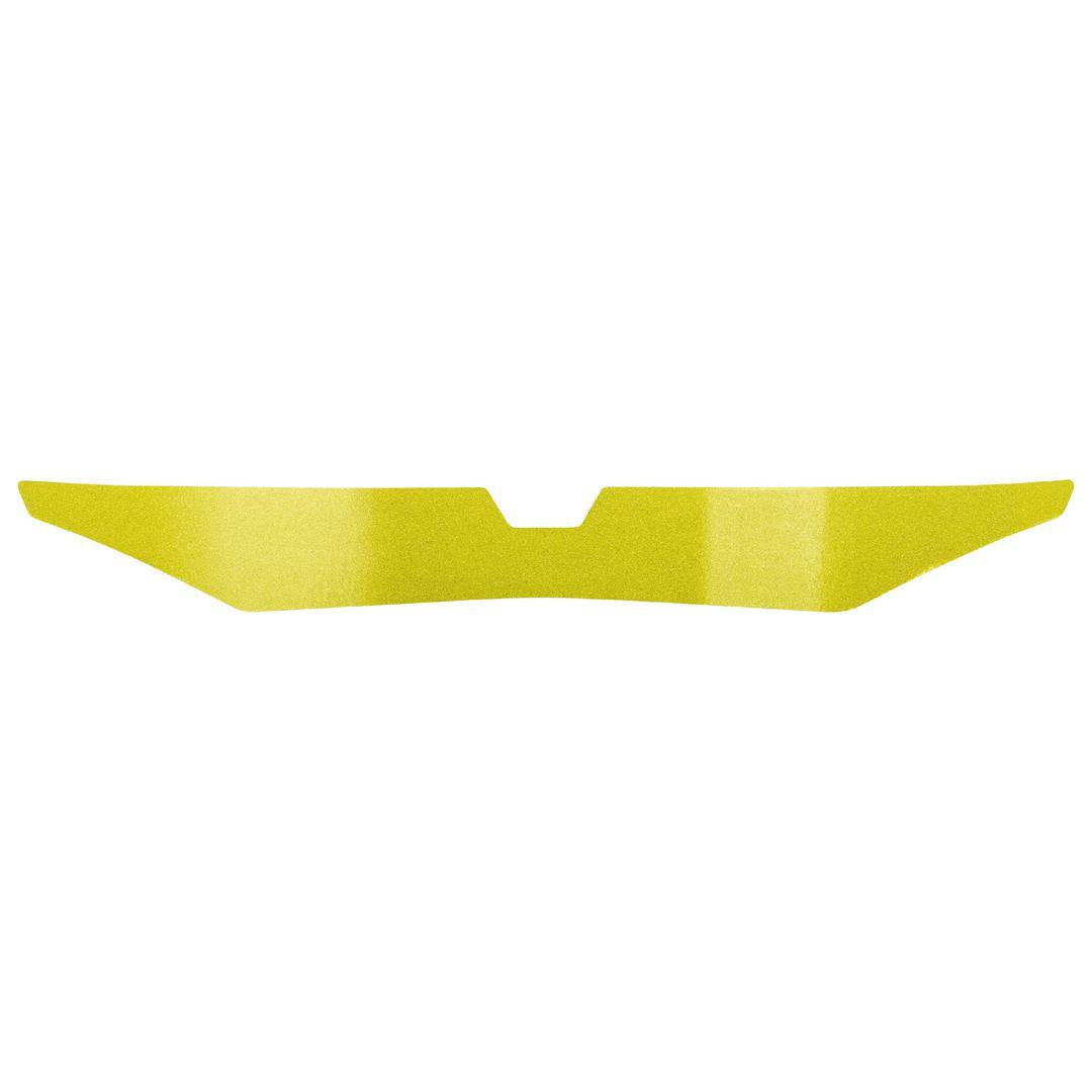A yellow, curved line with a small notch in the middle on a white background.