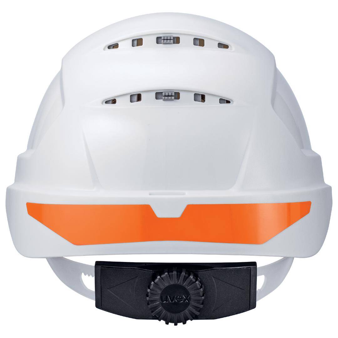 A white safety helmet with an orange stripe and ventilation slots at the top, along with an adjustment screw at the back.