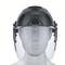 A safety helmet with a visor, positioned on a mannequin head; demonstrates protective clothing for work and safety purposes.