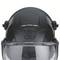 Black safety helmet with integrated transparent visor, suitable for construction work or productions, front view.