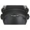 Black protective helmet with a fold-down visor, front view.