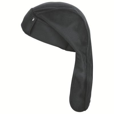 Black leather ear flap hat with padded ear protection and a button on the side.