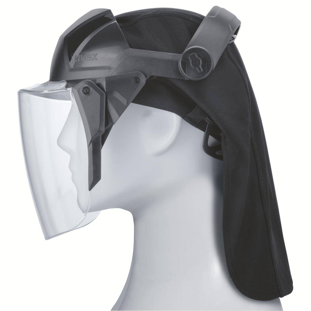 A side view of a white mannequin head with a black head covering and a transparent face shield for protective work.