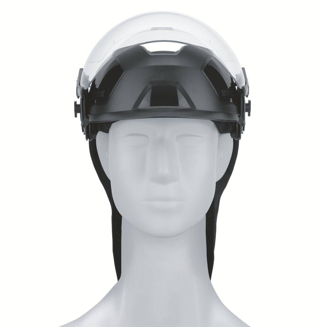 A mannequin wearing a white protective helmet with a transparent visor, shown from the front. The helmet is sturdy and functional.
