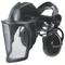 'Black protective visor with ear defenders, Uvex brand. Suitable for head, hearing, and face protection in loud or hazardous environments.'