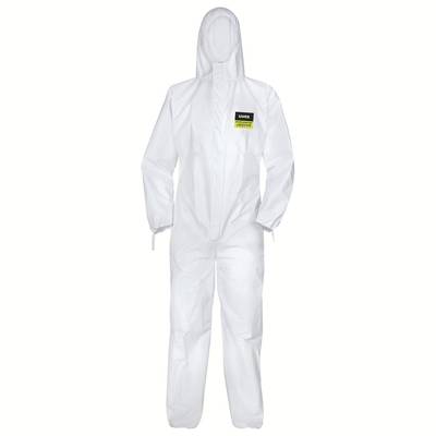 A white disposable protective suit for industrial or medical applications, with a hood and elasticated cuffs at the wrists and ankles.