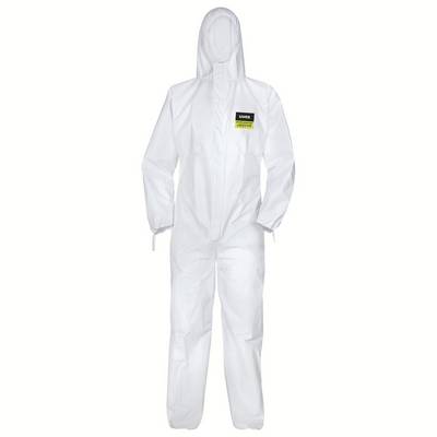 A white protective suit with a hood and elasticated cuffs. On the chest is a rectangular black and yellow label with the inscription 'DEREK PROSHIELD'.