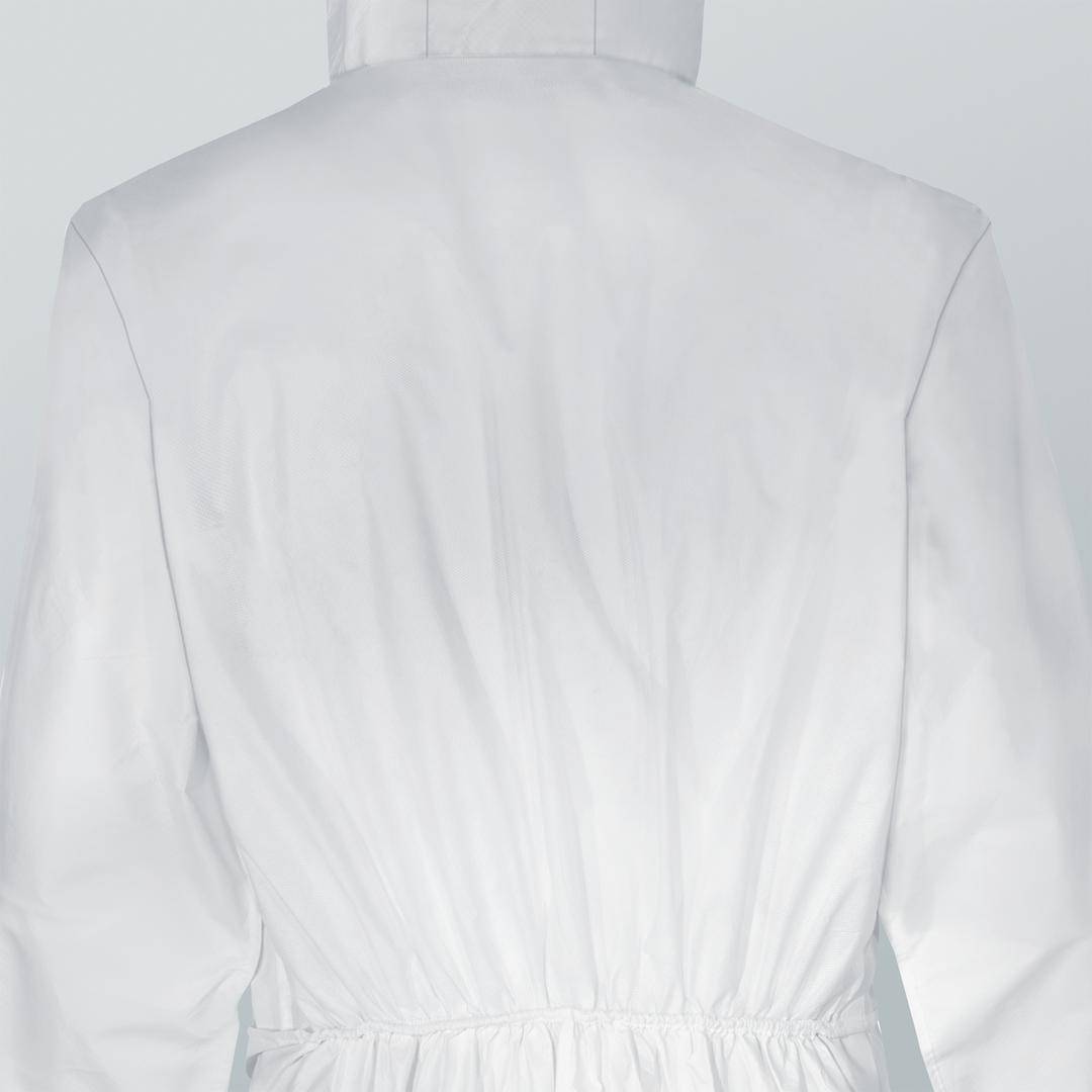 The back of a person in a white coat, cropped at the shoulders and hip, against a neutral background.