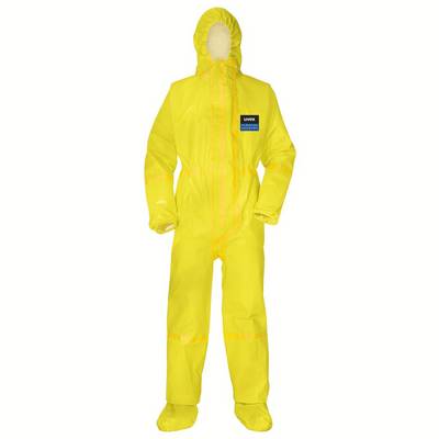 A yellow protective suit with a hood and logo, suitable for handling hazardous materials.