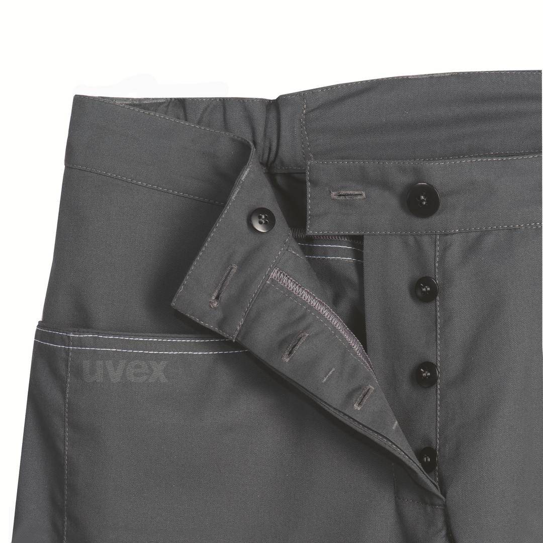 Grey work trousers with unbuttoned waistband and open zip, 'uvex' brand name visible on the side.