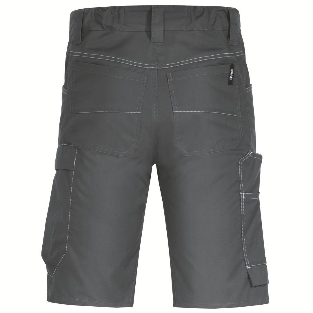 Grey work shorts viewed from behind, featuring multiple pockets, an elasticated waistband, and reinforced seams, suitable for robust tasks.