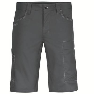 Grey work shorts with pockets and button fastening, suitable for work environments.