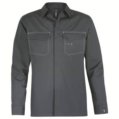 Grey long-sleeved shirt with two chest pockets and white contrast stitching.