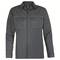 Grey men's long-sleeved shirt with two chest pockets. Minimalist design with white stitching.