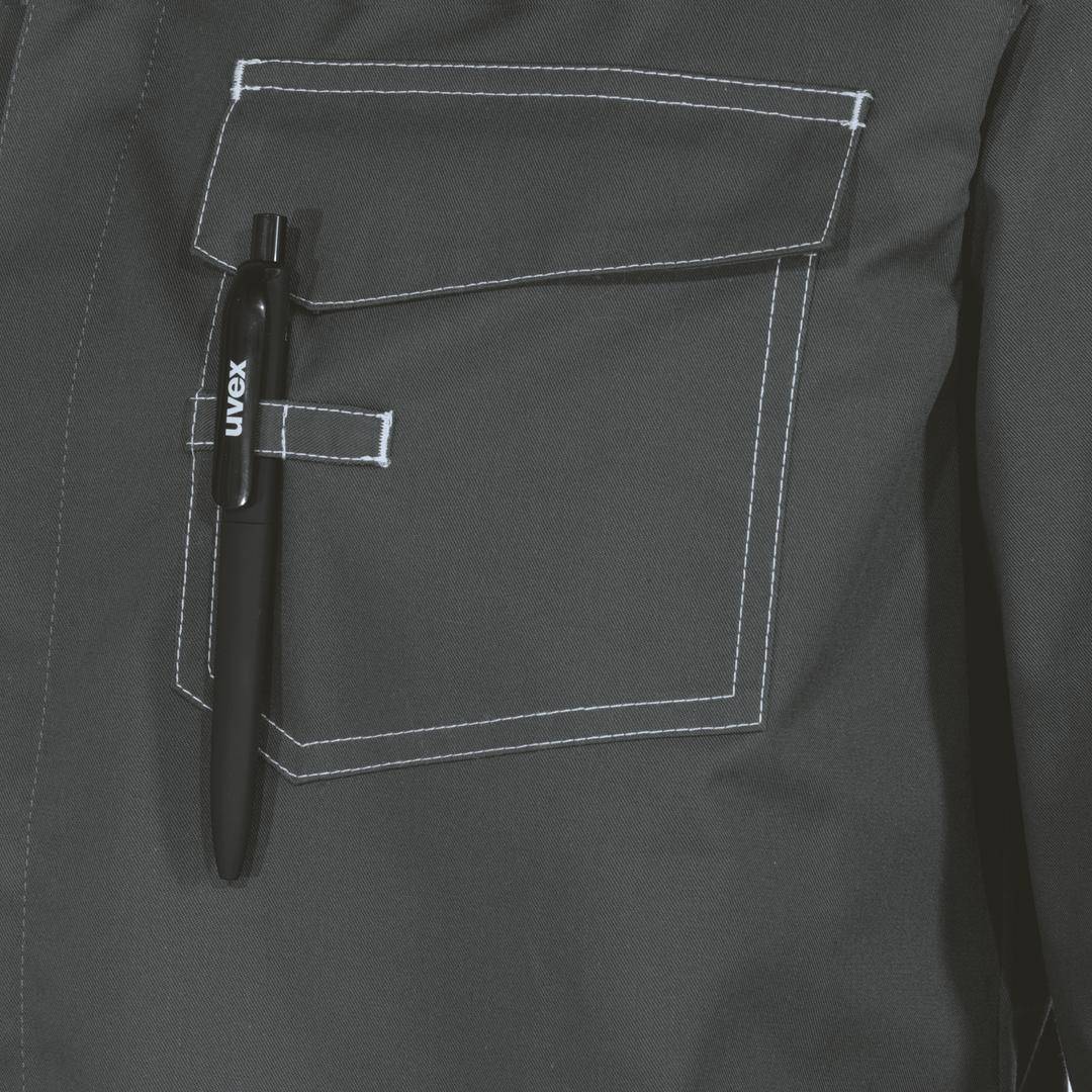 A black fabric with a rectangular pocket, on which a black pen loop is attached.
