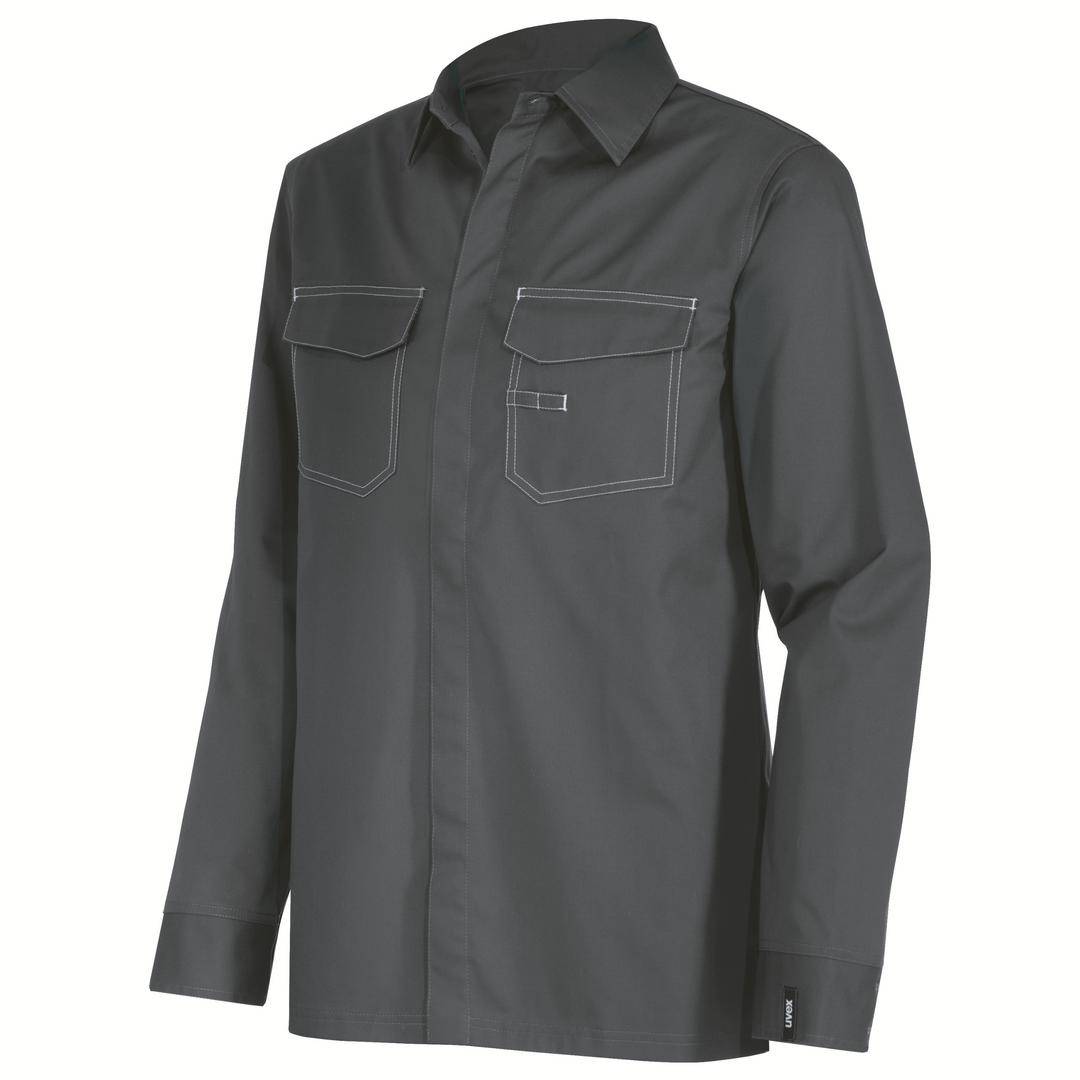 Dark grey shirt with two chest pockets, long sleeves and button fastening. Simple design, suitable for formal occasions.