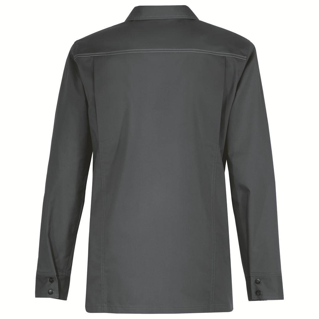 Grey shirt, back view. Straight cut with buttoned cuffs.