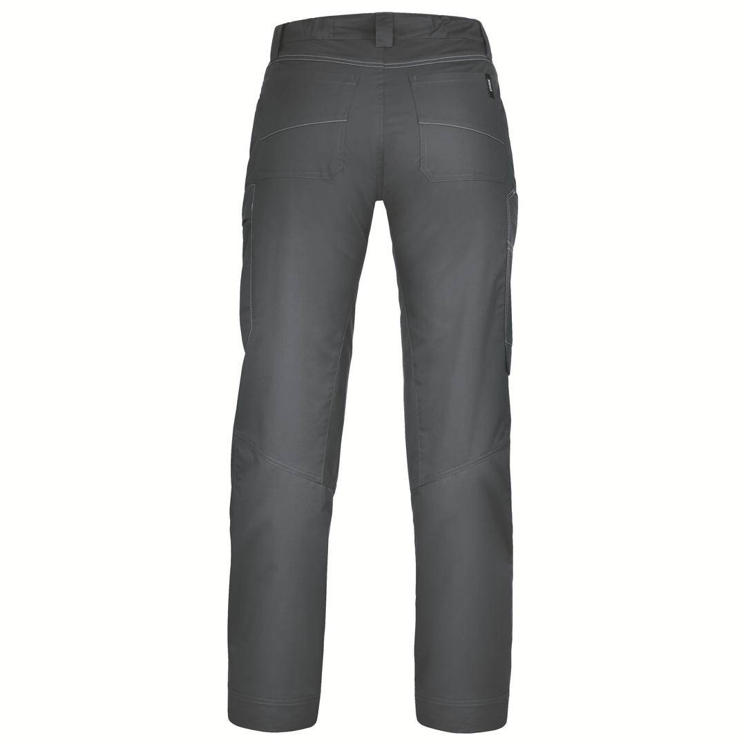 A grey pair of trousers viewed from behind, showing two back pockets and a button fastening at the waistband.