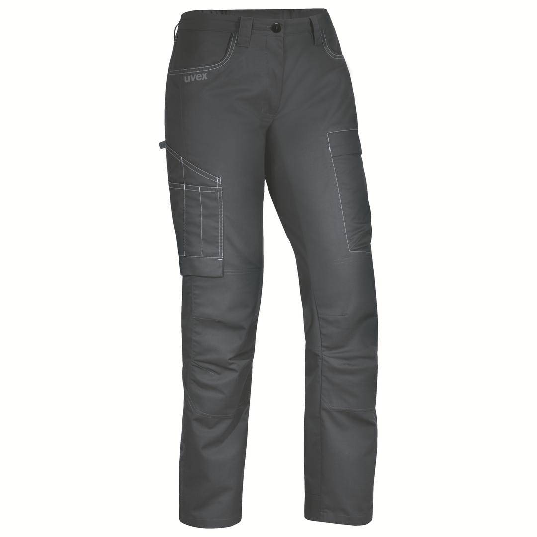 Grey work trousers with multiple pockets and reinforced seams, suitable for manual work. Brand name visible on left thigh.