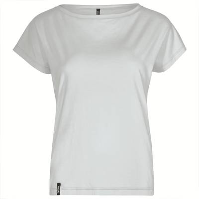 A simple, white T-shirt with short sleeves and a round neckline, pictured frontally on a white background.