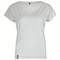 A simple, white T-shirt with short sleeves and a round neckline, pictured frontally on a white background.