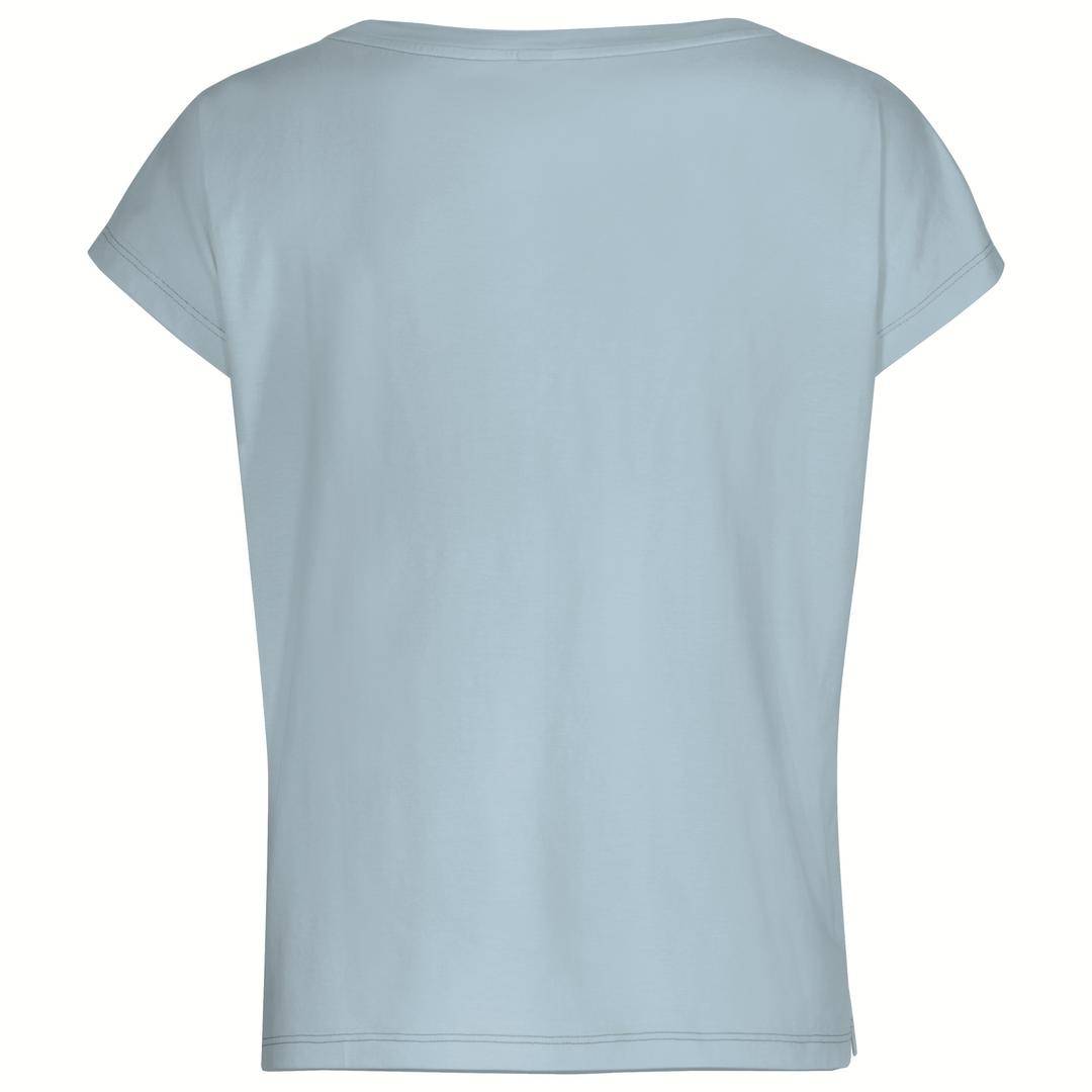 A plain, light blue short-sleeved T-shirt, viewed from the back.