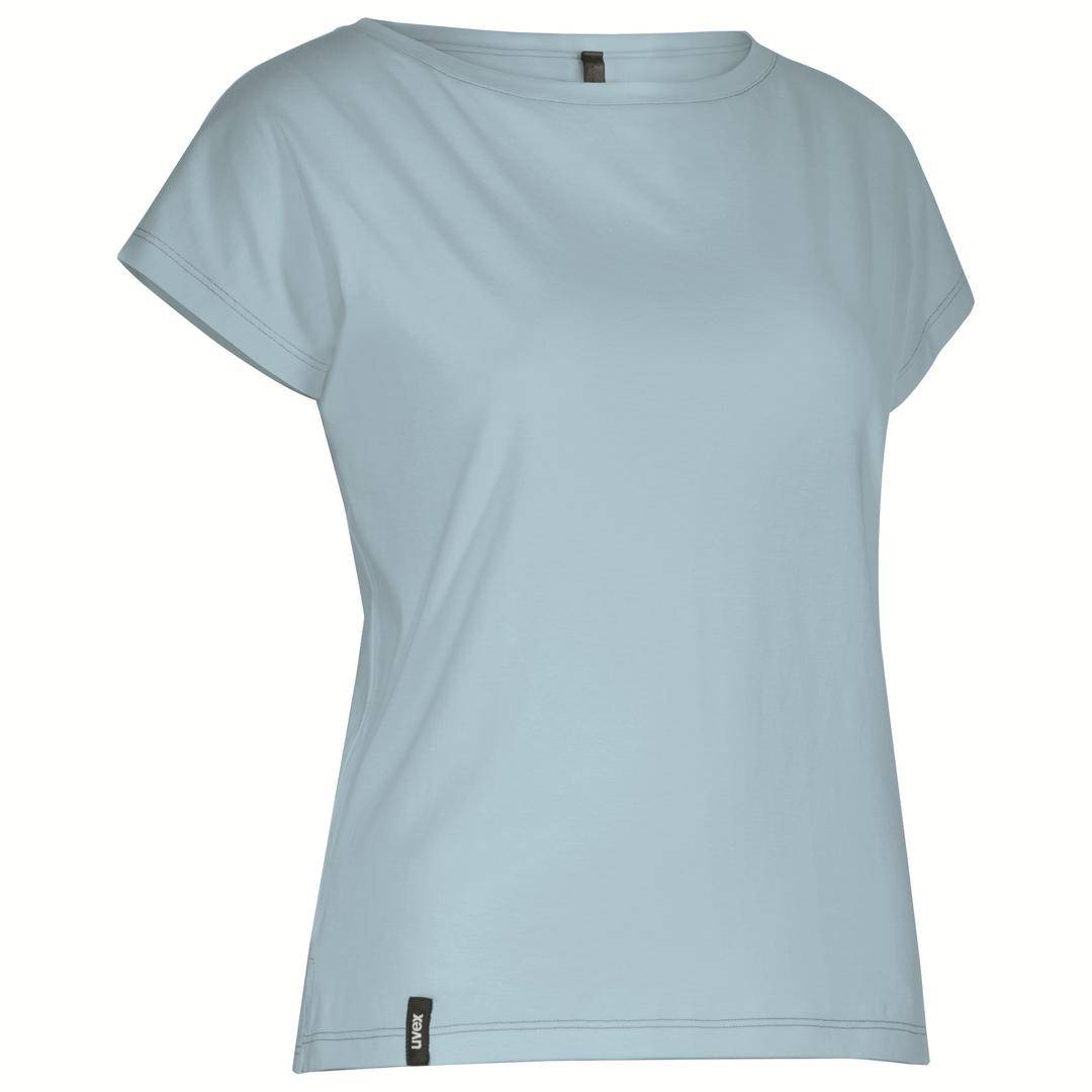 A light blue T-shirt with short sleeves and a small black label at the bottom edge.