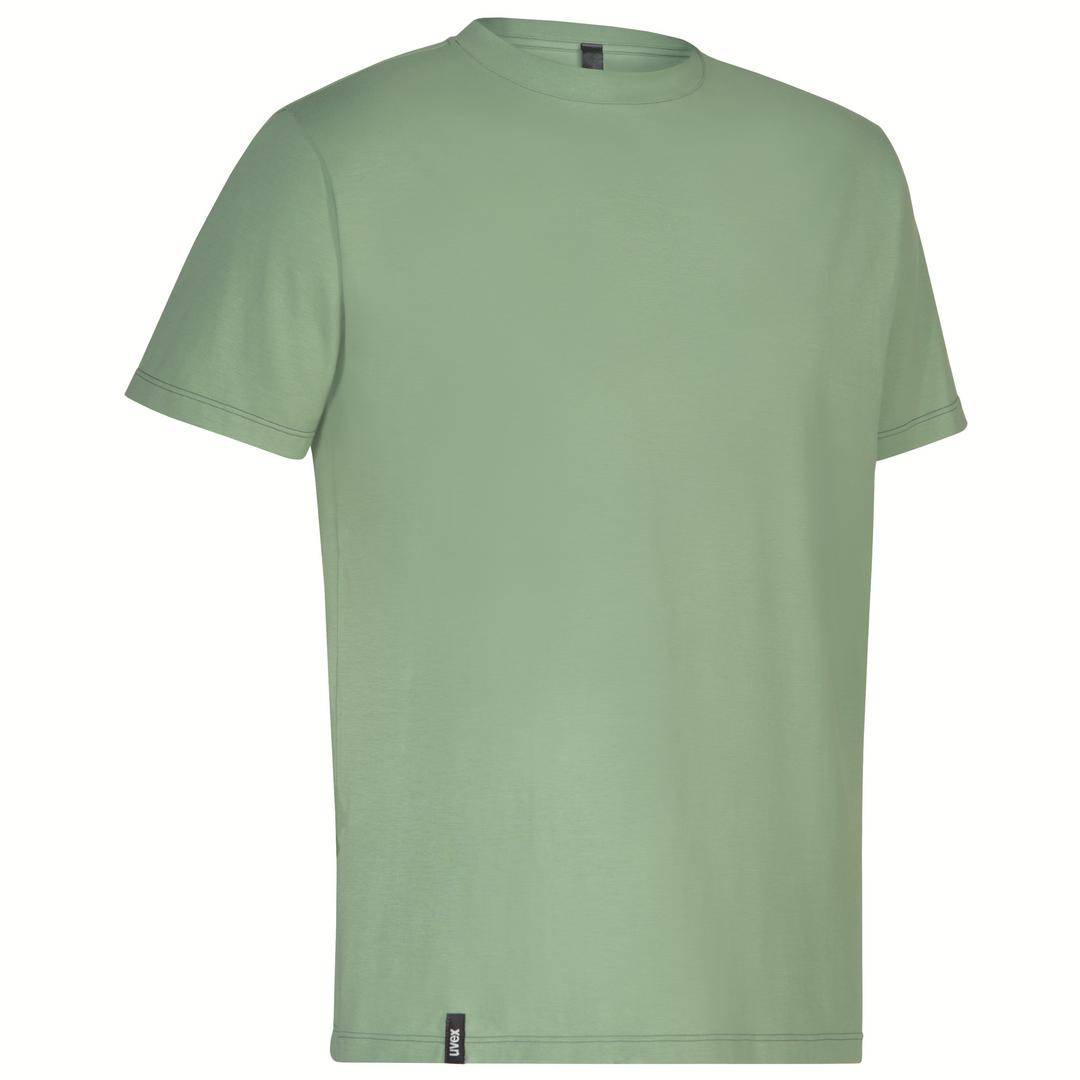 A plain, single-coloured, light green T-shirt with a round neckline.