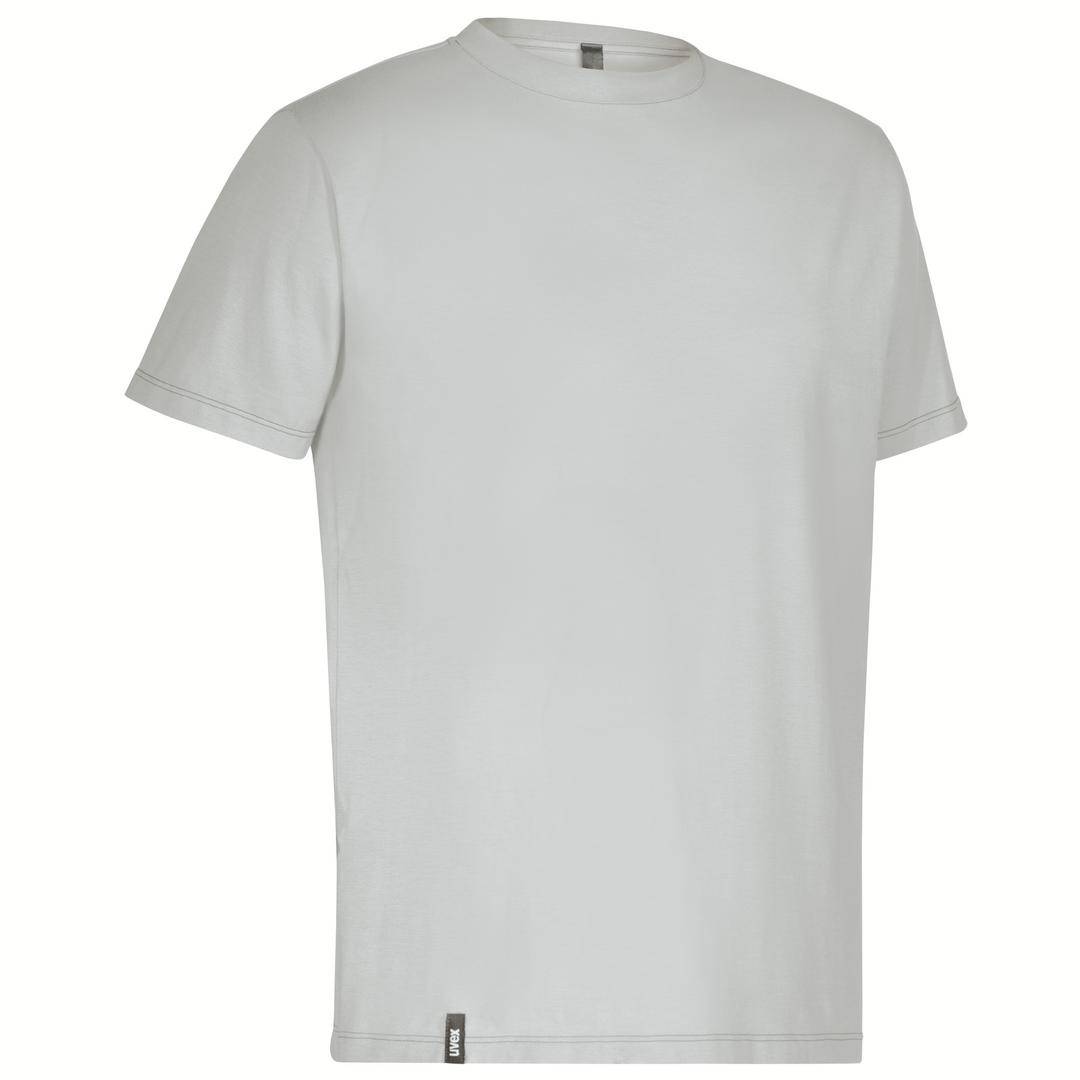 A plain, grey T-shirt without print, made of cotton, with short sleeves, lies flat against a white background.