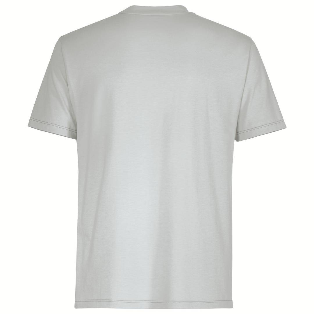 Grey T-shirt, rear view, plain and solid without print or pattern.