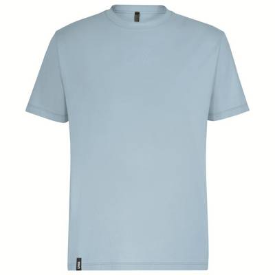 A light blue T-shirt with a round neckline. The shirt has short sleeves and a small label at the bottom hem.