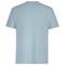 Blue T-shirt, back view. Simple design without print or other embellishments. Short-sleeved and loosely cut.