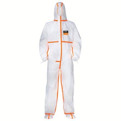 Protective suit made of white material with orange stitching, hood, and zip fastener. Designed for protection in industrial environments.