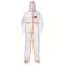 White disposable protective suit with orange stitching. Hood, front zip, elasticated cuffs at sleeve and leg. Ideal for protective clothing.