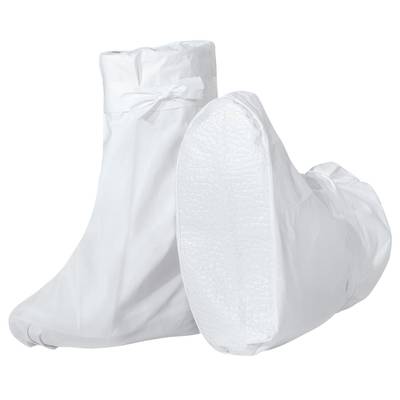 Two white fabric overshoes, one standing upright and the other lying on its side. They are simply and functionally designed.