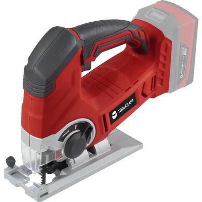 A red cordless jigsaw is shown, with a black handle and silver base. It bears the 'TOOLCRAFT' logo.