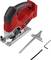 Red jigsaw saw with a grey blade on a white background. Beside it is a ruler, a replacement saw blade, and an Allen key. Ideal for woodworking.